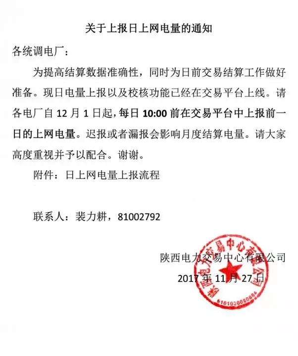 
	中國儲能網(wǎng)訊：11月29日，陜西電力交易中心發(fā)布了《關(guān)于上報日上網(wǎng)電量的通知》，通知稱現(xiàn)日電量上報以及校核功能已經(jīng)在交易平臺上線，請各電廠自12月1日起，每日10:00前在交易平臺中上報前一日的上網(wǎng)電量，遲報或者漏報會影響月度結(jié)算電量。


	


	
