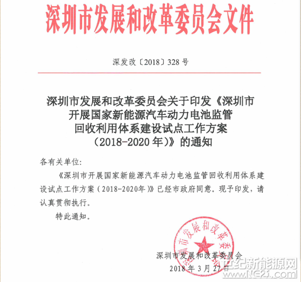  記者獲悉，近日深圳市發(fā)改委在發(fā)改委環(huán)資司指導(dǎo)下，深入調(diào)研，積極協(xié)調(diào)，為落實(shí)《國務(wù)院辦公廳關(guān)于印發(fā)生產(chǎn)者責(zé)任延伸制度推行方案的通知》，于今年3月份率先印發(fā)了《深圳市開展國家新能源汽車動(dòng)力電池監(jiān)管回收利用體系建設(shè)試點(diǎn)工作方案(2018-2020年)》，在全市范圍內(nèi)開展動(dòng)力電池生產(chǎn)者責(zé)任延伸制度探索和實(shí)踐。具體全文如下：











