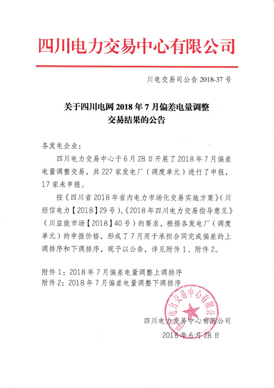 
	中國儲能網(wǎng)訊：北極星售電網(wǎng)獲悉，四川電力交易中心日前發(fā)布了《關(guān)于四川電網(wǎng)2018年7月偏差電量調(diào)整交易結(jié)果的公告》，6月28日開展了2018年7月偏差電量調(diào)整交易，共227家發(fā)電廠(調(diào)度單元)進行了申報，17家未申報。


	詳情如下：


	
