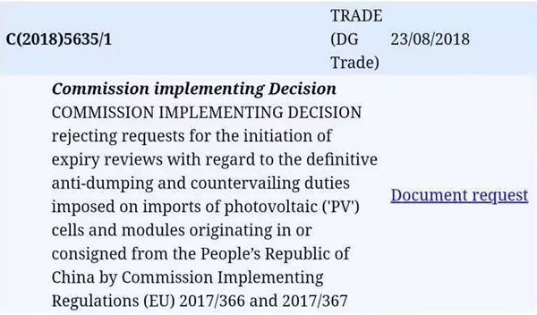                                         
	　　日前，根據(jù)中國機(jī)電商會(huì)的消息，歐委會(huì)已經(jīng)正式拒絕了歐盟光伏雙反調(diào)查申請人EU ProSun關(guān)于發(fā)起日落復(fù)審的申請，目前的MIP措施和雙反稅將在2018年9月3日到期以后取消，恢復(fù)自由貿(mào)易。正式的公告已經(jīng)在歐盟內(nèi)部排期，預(yù)計(jì)會(huì)在9月3日之前公布