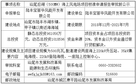                        汕尾后湖（500MW）海上風(fēng)電場項(xiàng)目核準(zhǔn)申請(qǐng)報(bào)告審批前公示                     ? ? ? ? ? ? ? ? ? ?