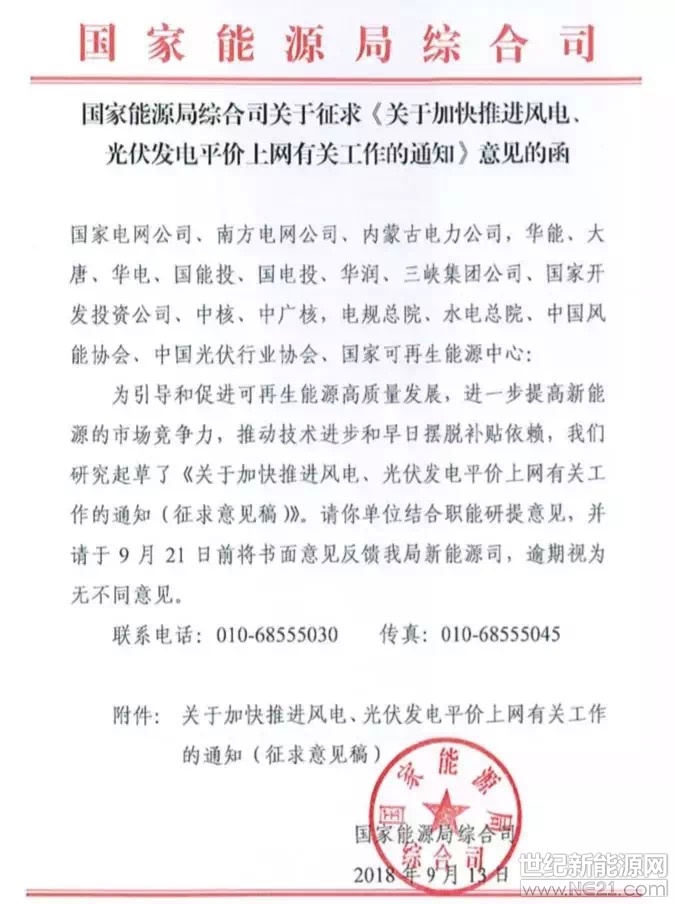  近日，國家能源局印發(fā)了《關于加快推進風電、光伏發(fā)電平價上網(wǎng)有關工作的通知(征求意見稿)》，通知指出，隨著風電、光伏發(fā)電規(guī)?；l(fā)展和快速技術進步，在資源優(yōu)良、建設成本低、市場條件好的地區(qū)，已基本具備與達到清潔排放水平煤電同價甚至不需要補貼的條件。

各地區(qū)在符合有關監(jiān)測預警管理要求的前提下，自行組織實施開展平價上網(wǎng)和無補貼光伏、風電項目建設