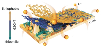 
			              
	
多層碳納米管鋰電池電極保護(hù)膜結(jié)構(gòu)示意圖
受訪者供圖
《自然·通訊》近日發(fā)表了軍事科學(xué)院、武漢理工大學(xué)等單位聯(lián)合團(tuán)隊(duì)的研究成果，他們合成了一種多層碳納米管薄膜，能夠自組裝在金屬鋰負(fù)極表面，截停鋰枝晶。
軍事科學(xué)院副研究員張浩介紹，金屬鋰具有最高的理論比能量，被公認(rèn)是最具前景的下一代高能量電池負(fù)極材料，之所以難以應(yīng)用，是因?yàn)榻饘黉囋谘h(huán)充放電下產(chǎn)生鋰枝晶刺穿電池