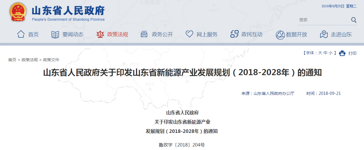                         9月17日，山東省人民政府印發(fā)《新能源產(chǎn)業(yè)發(fā)展規(guī)劃（2018-2028年）》，要求各地各部門認(rèn)真組織實(shí)施。規(guī)劃提出： 規(guī)劃目標(biāo)：到2022年，全省新能源產(chǎn)業(yè)總產(chǎn)值力爭達(dá)到7000億元，產(chǎn)業(yè)增加值力爭達(dá)到2400億元