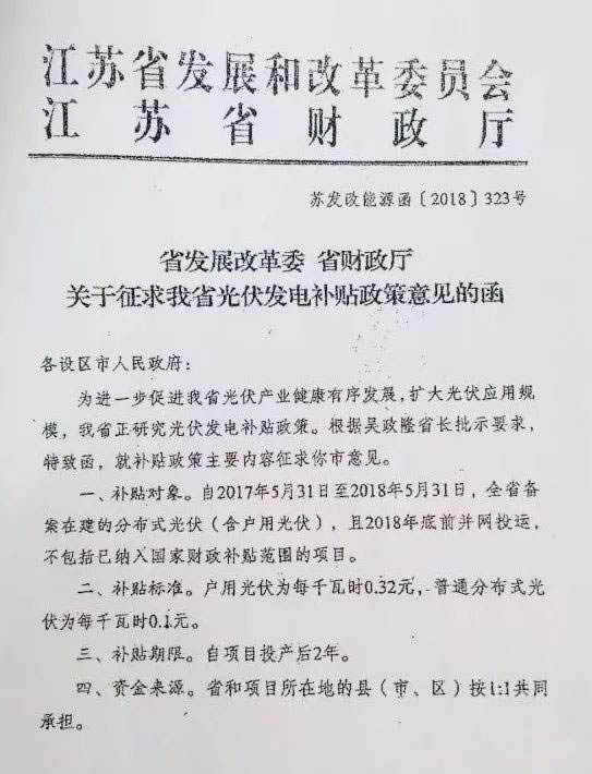                                        
	　　正在我們?yōu)槿课耐ㄖ獨(dú)g呼的時候，差點(diǎn)會漏掉一條重要的新聞，那就是江蘇省發(fā)改委和江蘇財(cái)政廳聯(lián)合出臺的《關(guān)于征求我省光伏發(fā)電補(bǔ)貼意見函》。征求意見函主要內(nèi)容如下：

	　　一、補(bǔ)貼對象